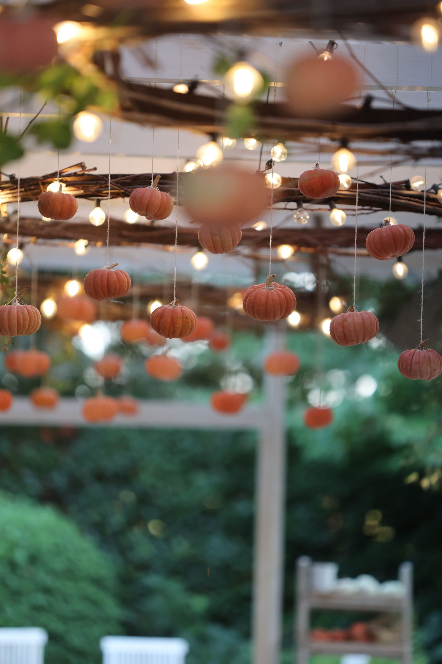 Hanging pumpkins and lights create a festive fall atmosphere outdoors, perfect for autumn celebrations.