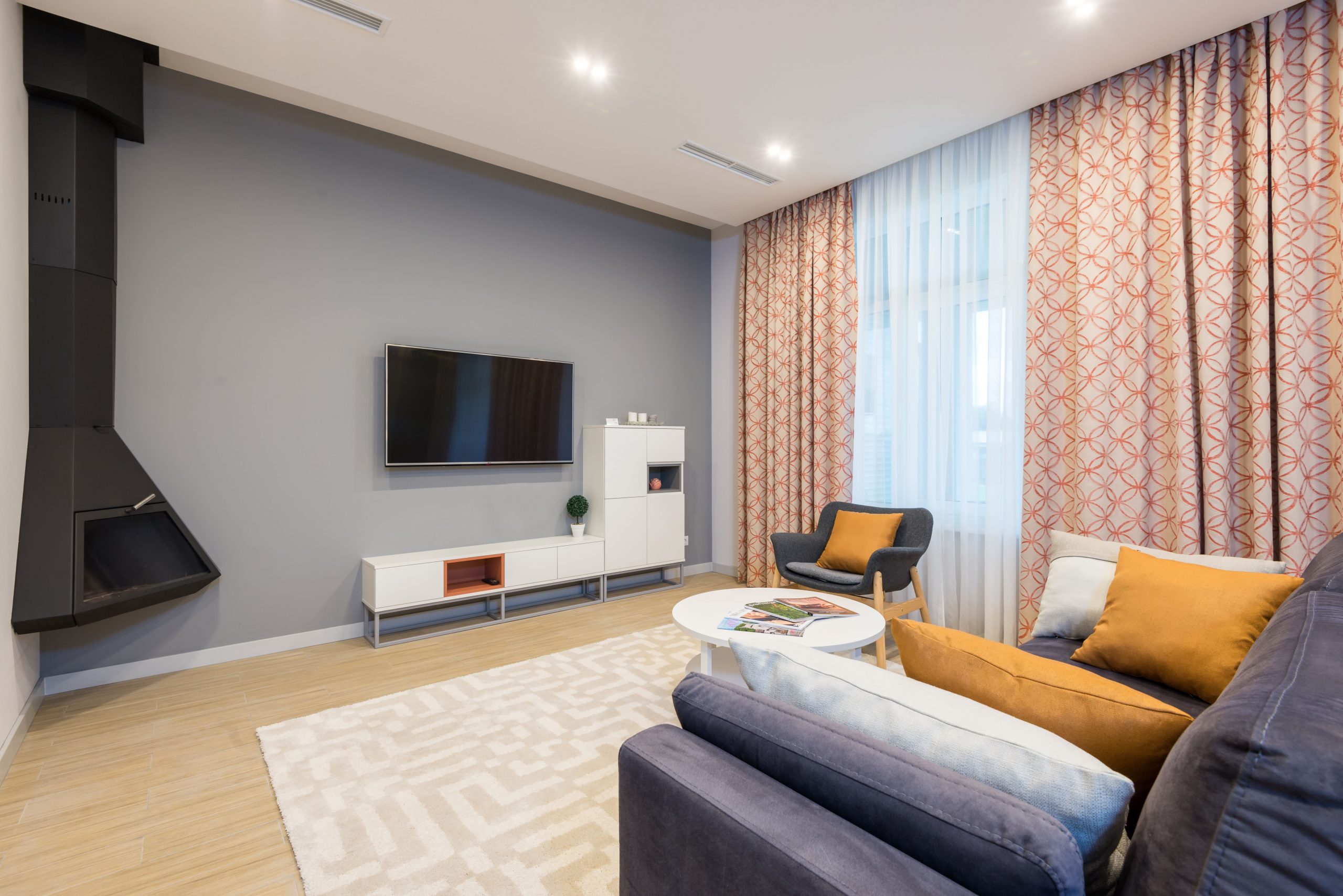 Interior of spacious living room with comfortable couch against wall with TV and white cupboard near fireplace in modern apartment
