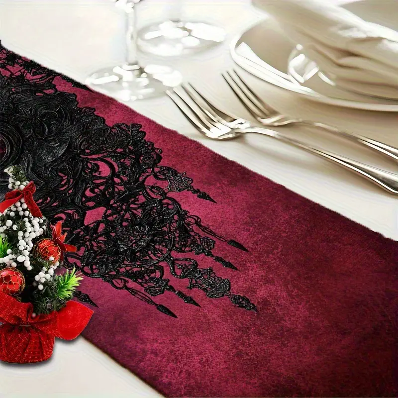 Lace Table Runners Burgundy Gothic Style Table Runner- Burgundy Velvet With Black Lace Edge, Suitable For