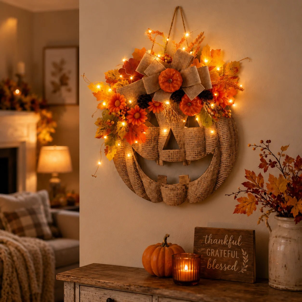🎃✨ Lighted Burlap Pumpkin Wreath – Woobrooch