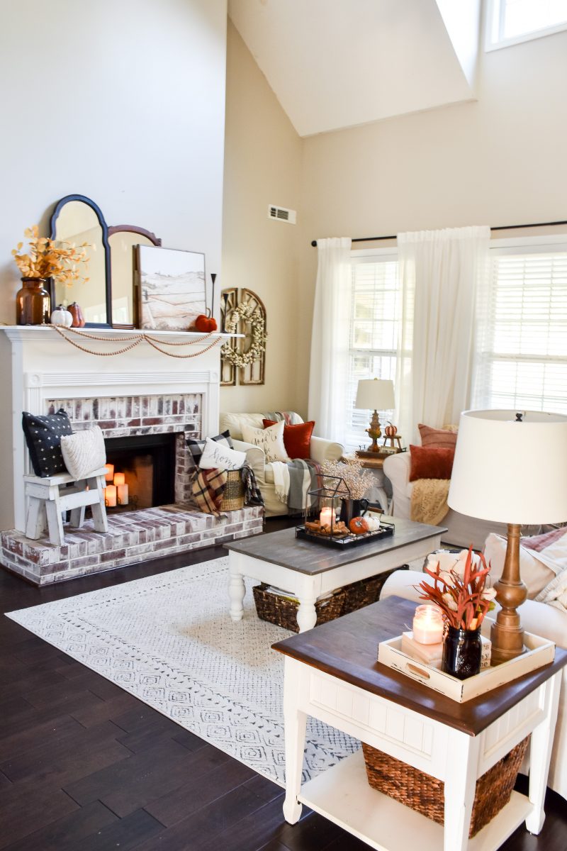 Modern Farmhouse Layered Fall Mantel and Living Room Decor