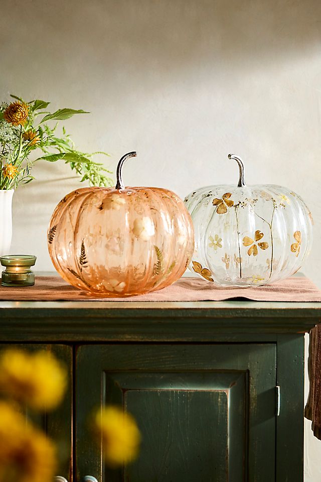 Pressed Floral Glass Pumpkin, Extra Large