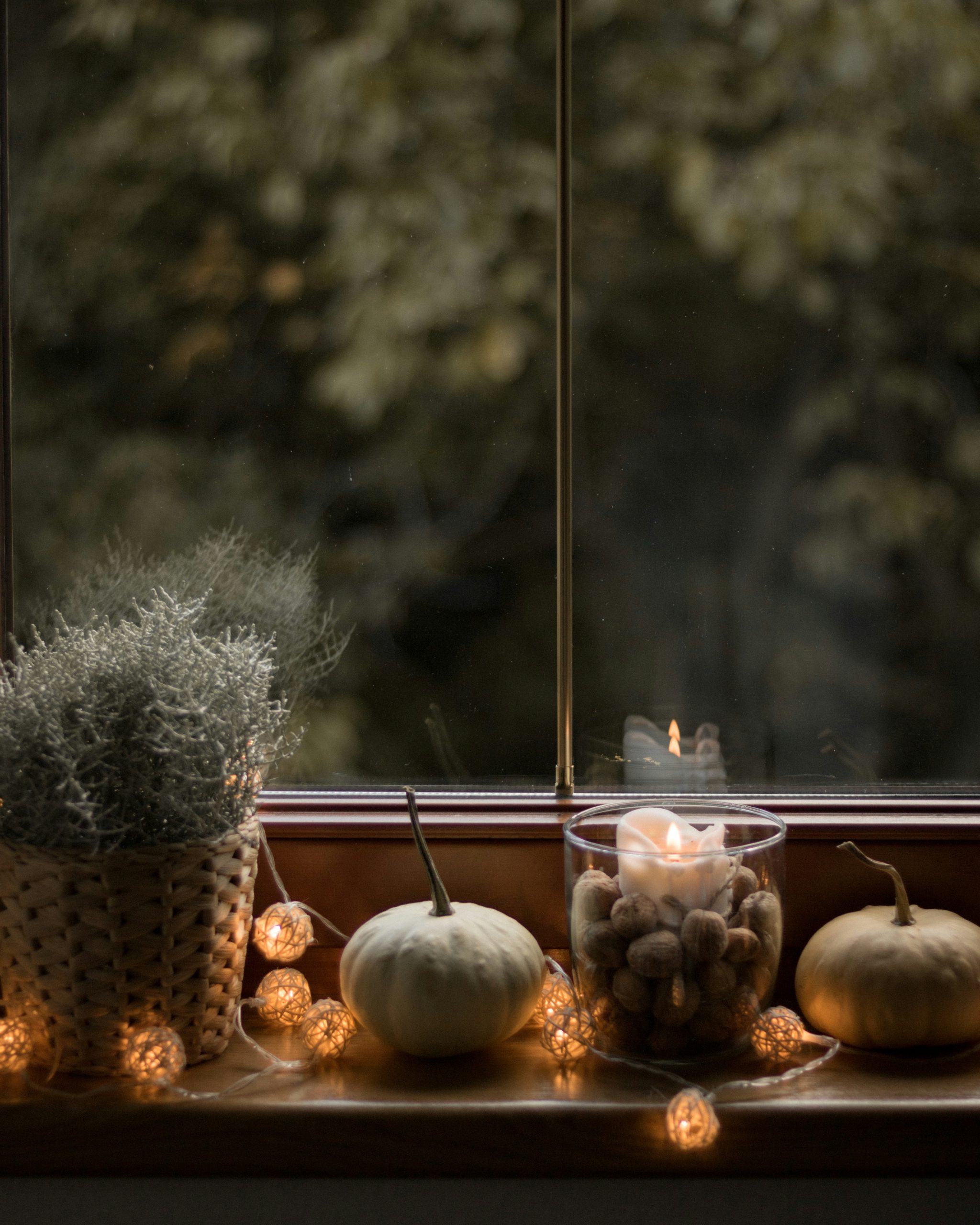 Pumpkin and candle on window