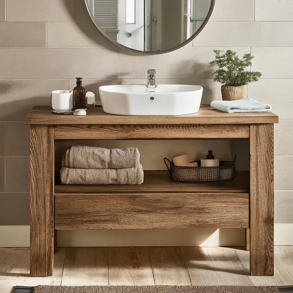 Rustic Solid Wood Bathroom Vanity with Open Storage Shelf