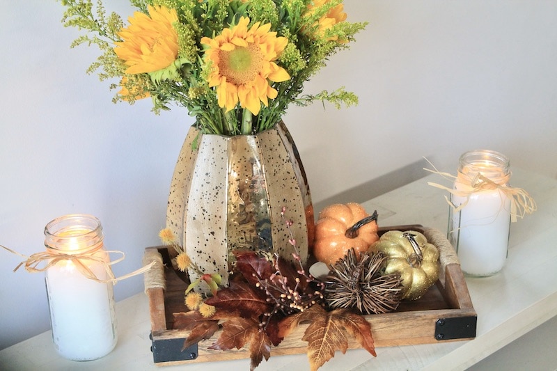 Simple Fall Kitchen Table Decor with Sunflowers and Pumpkins