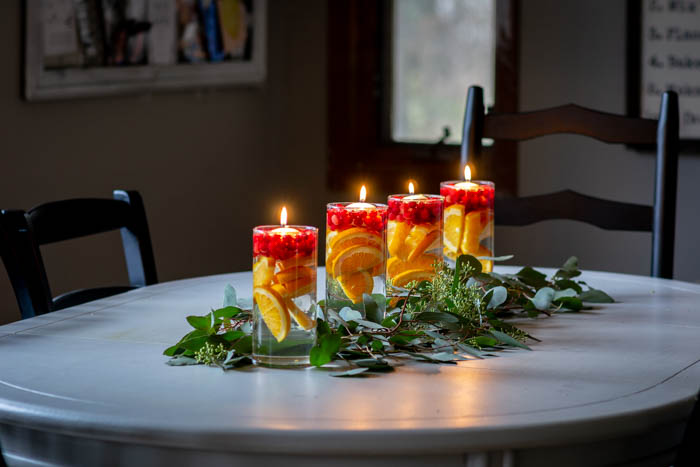 Simple Kitchen Table Centerpiece with Eucalyptus, Oranges and Cranberries - North Country Nest