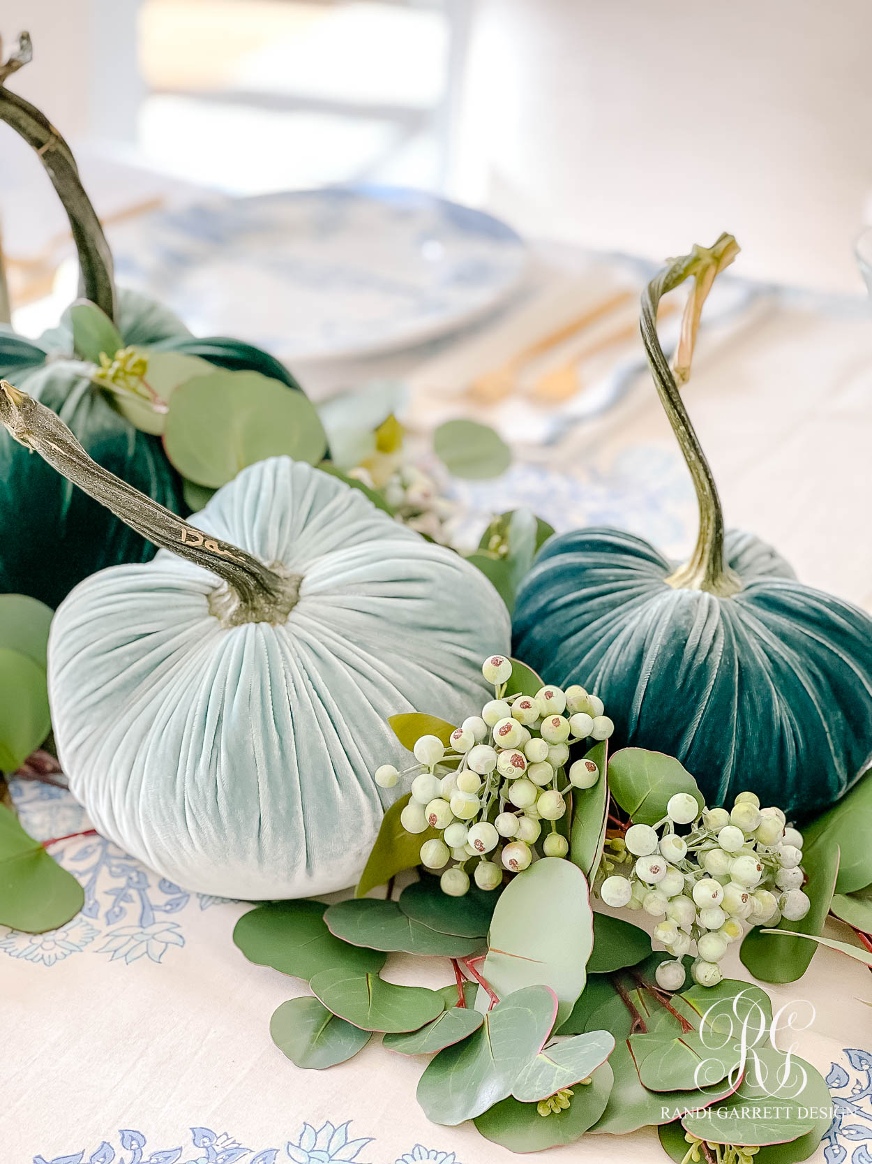 Simple Velvet Pumpkin + Eucalyptus Thanksgiving Table - Randi Garrett Design