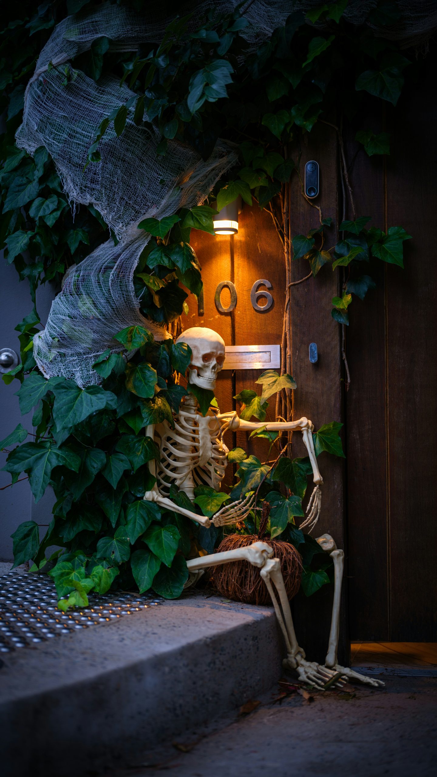 Skeleton decoration with vines and pumpkin for halloween