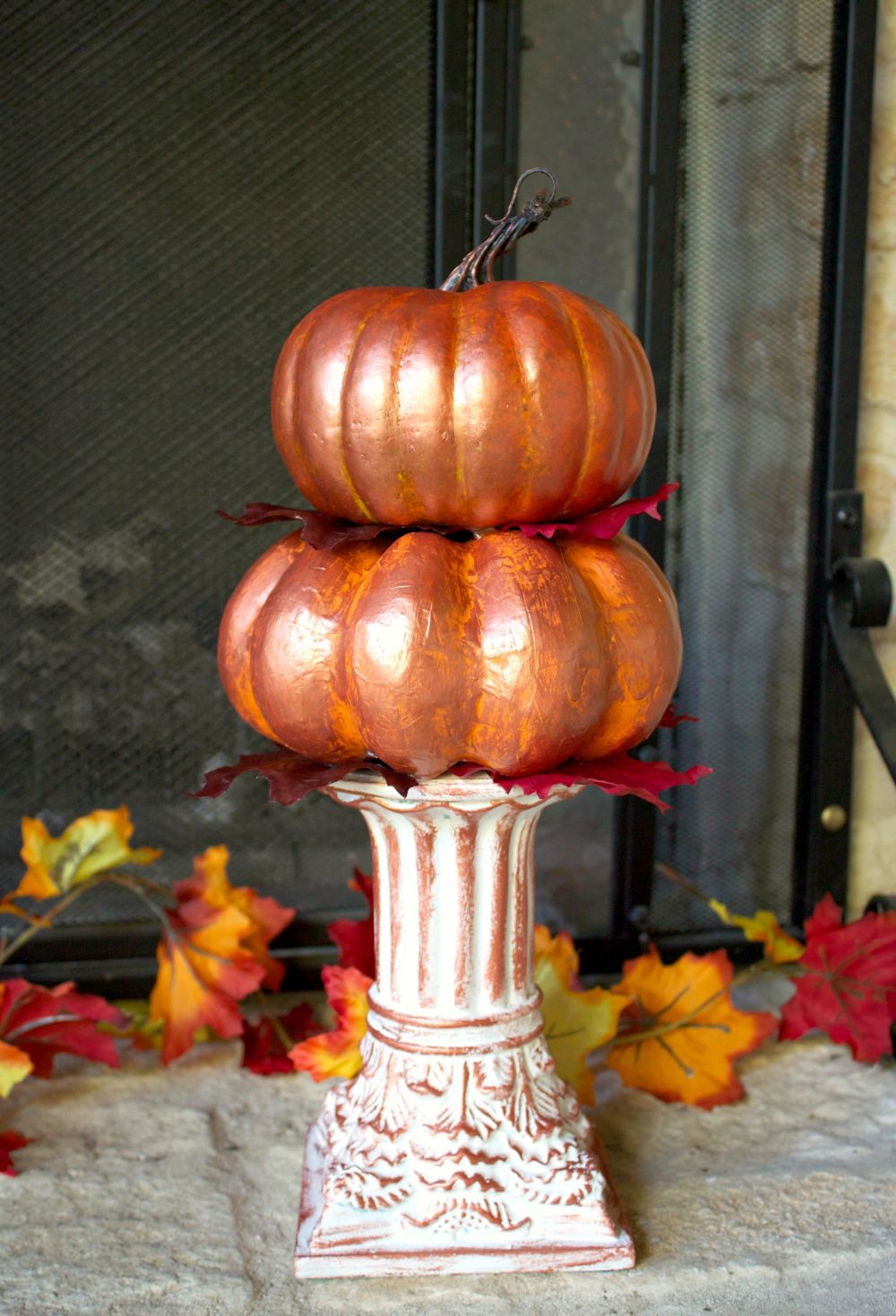 Stacked Metallic Pumpkins Centerpiece for Fall