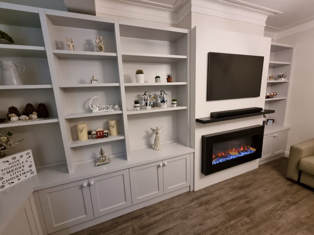 TV Media Wall With Built In Gazco E Studio Electric Fireplace & Fitted Cabinets on Both Sides In A Spray Paint Finish - Made To Measure Woodwork Ltd