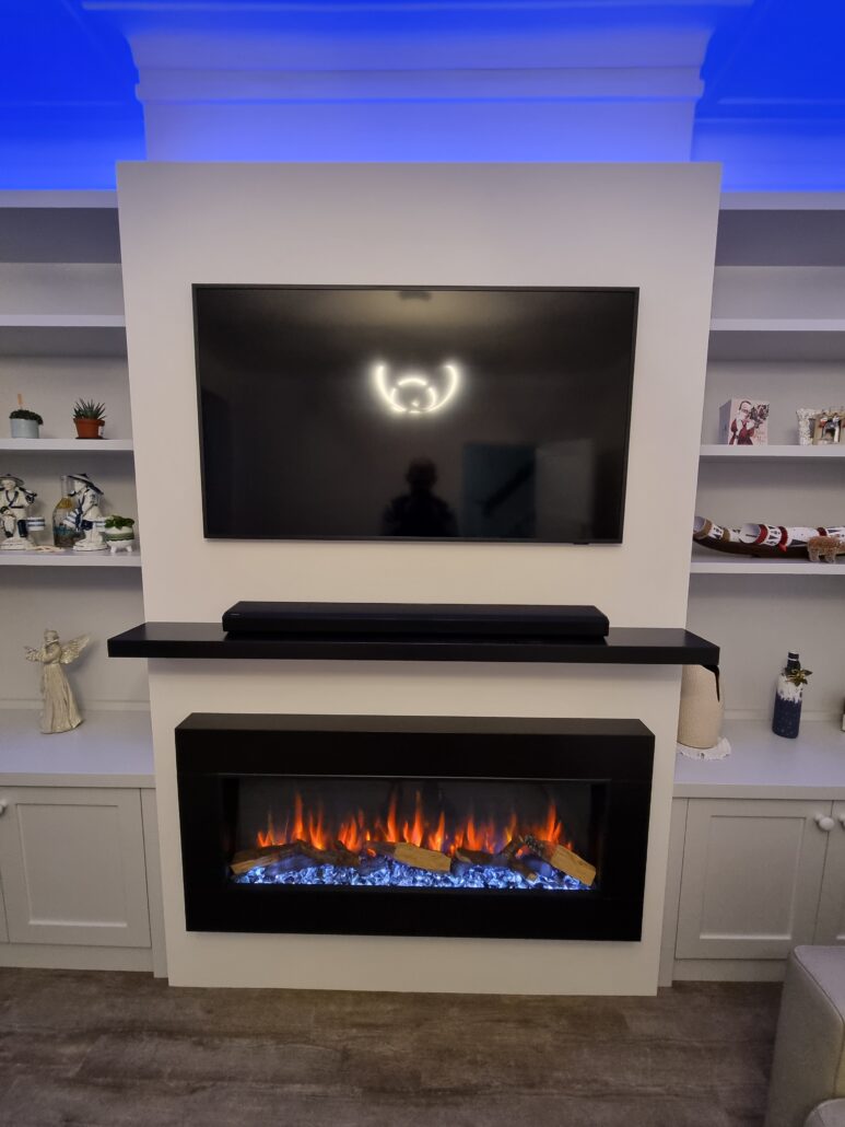 TV Media Wall With Built In Gazco E Studio Electric Fireplace & Fitted Cabinets on Both Sides In A Spray Paint Finish - Made To Measure Woodwork Ltd