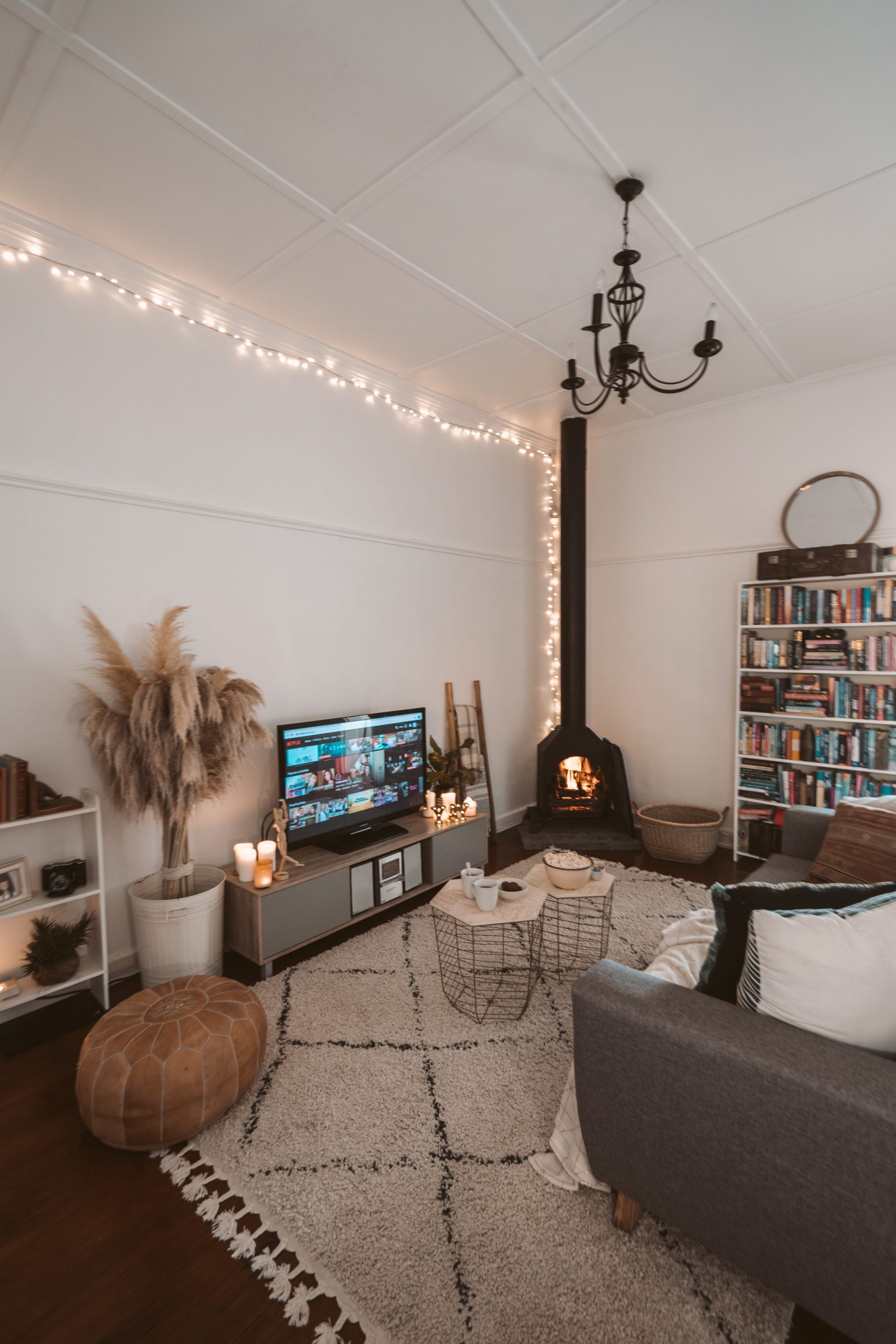 Warm and inviting living room setup with modern decor and fireplace.