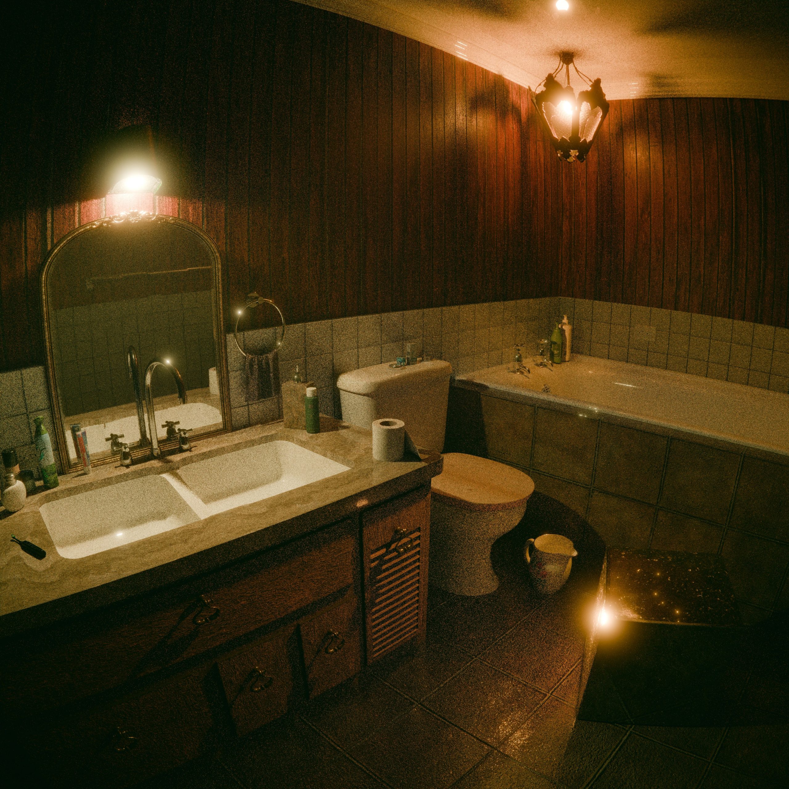 Warm and vintage-style bathroom with wooden paneling and ambient lighting.