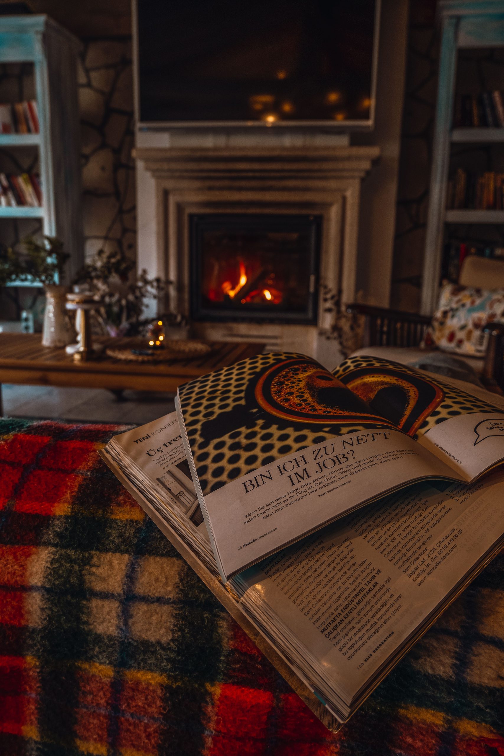 Warm living room with a roaring fireplace and an open magazine on a plaid blanket.