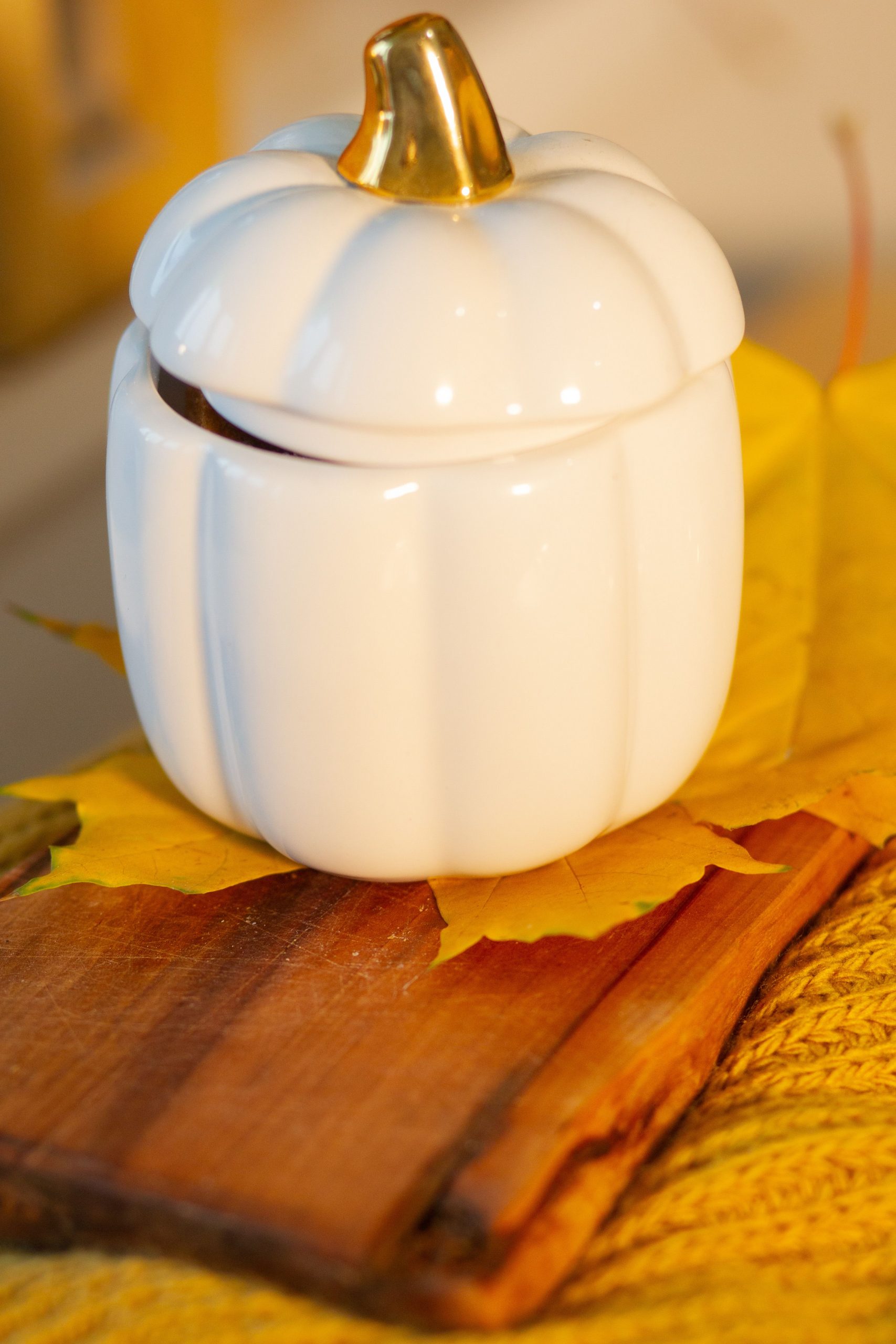 White ceramic pumpkin with golden stem on wood, autumn ambiance.