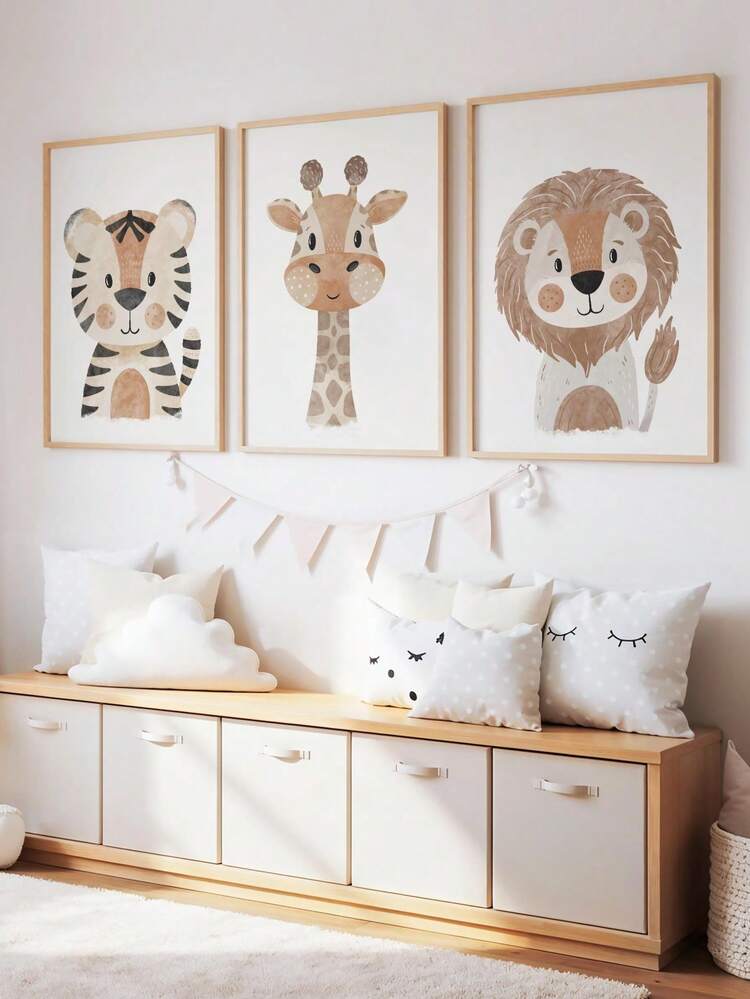 3pcs Framed Canvas Wall Art, Children's Day Framed Canvas Wall Painting, Animal Jungle Theme Nursery Wall Mural, Neutral Tone Tiger, Giraffe And Lion Pattern, Bohemian Style Kids Room Decor, Ready T