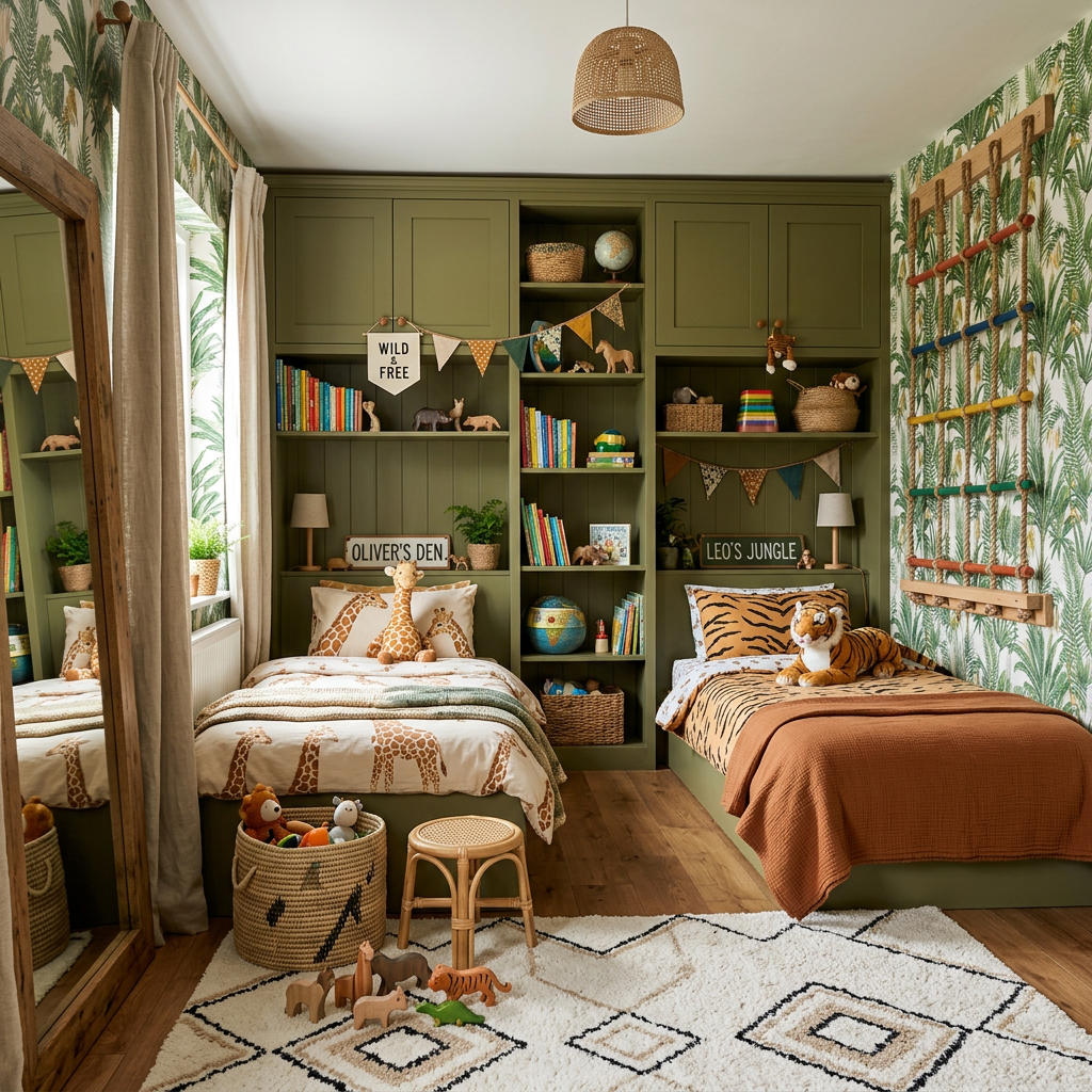 Jungle Theme Contemporary Kids Bedroom Design with Twin Beds and Rattan Stool | Livspace