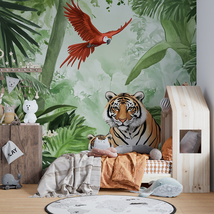 Kids room wallpaper | Exotic jungle with tigers and red parrot