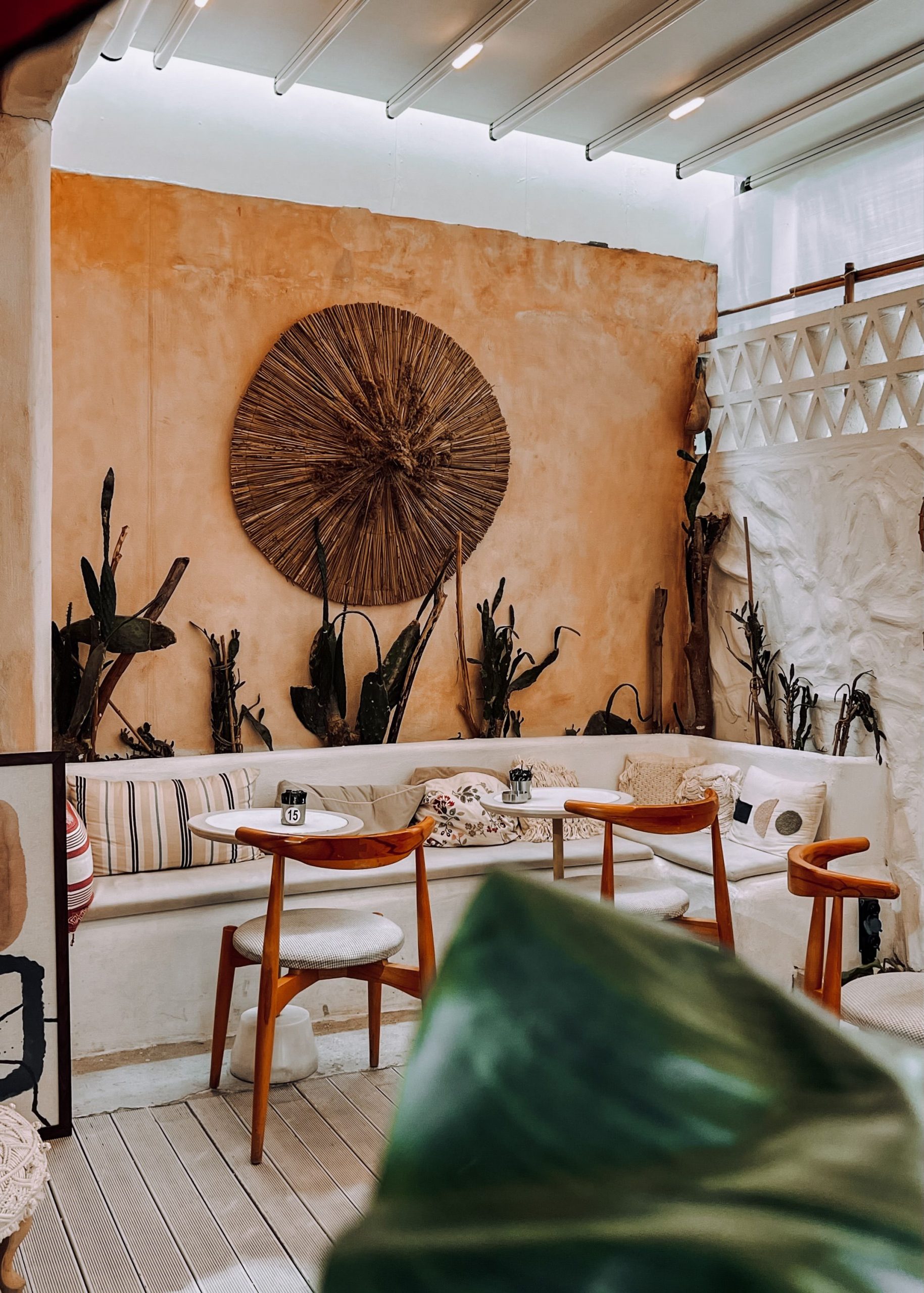 Modern boho-style cafe interior with chairs, tables, and potted plants, offering a cozy ambiance.