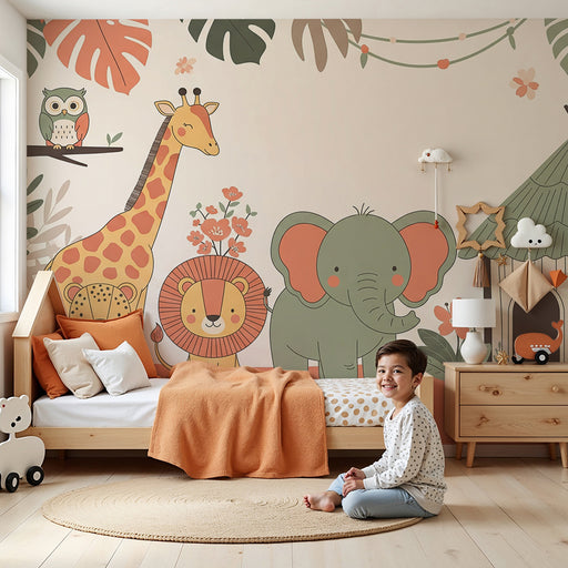 Nursery room wallpaper | Jungle animals with giraffe, elephant, and lion