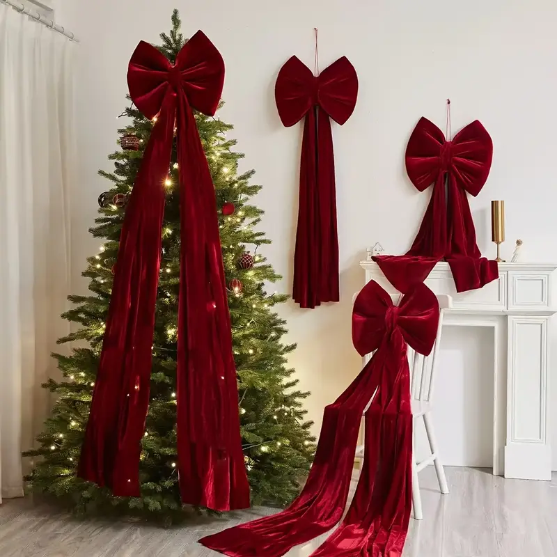 1 Large Elegant Green and Red Fabric Bow with Ribbon - with Flowing Ribbon and Feathers, Suitable for Weddings, Birthdays, Christmas, New, Easy to Set up Party Decorations, Wedding Decorations, ...
