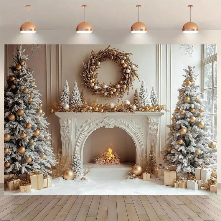 1 Piece Of Christmas Fireplace Background Cloth, Christmas Tree Fireplace Photography Background, Winter Christmas Holiday Family Party Banner, Photo Booth Props, Home Living Room And Bedroom Decora