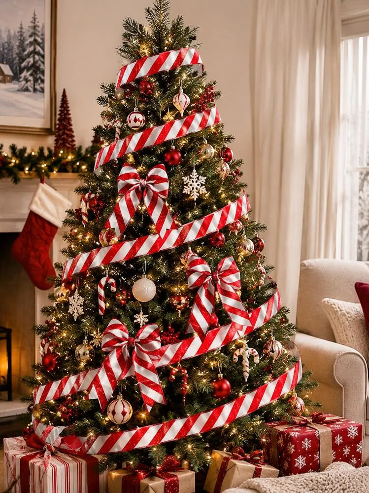 1 Roll Red & White Diagonal Striped Christmas Ribbon, Holiday Fabric Long  Glitter Metallic Edge Shapeable Bow Decor Tape, Easy-Cut Handmade Packaging  Ribbon, Suitable For Christmas Tree, Wreath, Gif