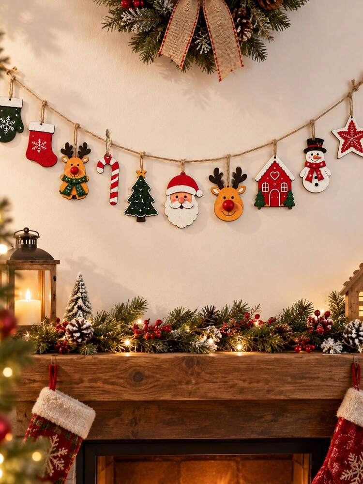1 Set Christmas Wooden Hanging Garland, Holiday Wall Decor, Santa Claus Reindeer Snowman Christmas Tree Stocking Star Wooden Ornaments, Rustic Farmhouse Style Fireplace Mantel Decoration, Christmas