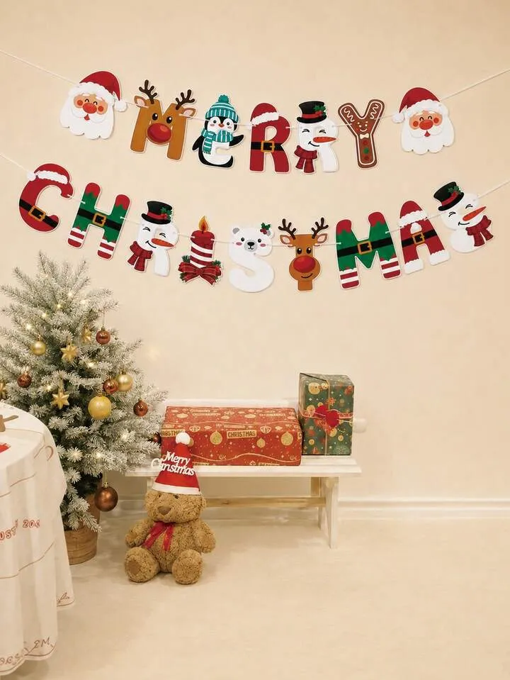 1 Set Merry Christmas Cartoon Character Paper Banner, Christmas Reindeer Penguin Snowman Gingerbread Man Cutout Garland, Christmas Background, Fireplace, Indoor, Window And Wall Party Decoration, ..