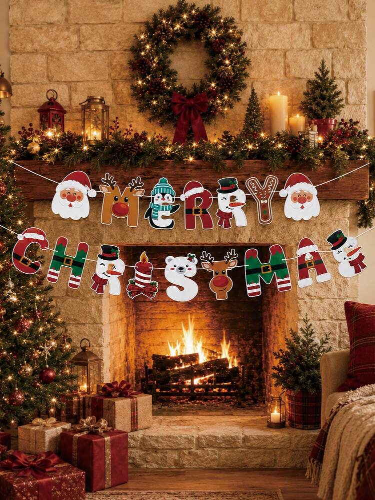 1 Set Merry Christmas Cartoon Character Paper Banner, Christmas Reindeer Penguin Snowman Gingerbread Man Cutout Garland, Christmas Background, Fireplace, Indoor, Window And Wall Party Decoration, Ch