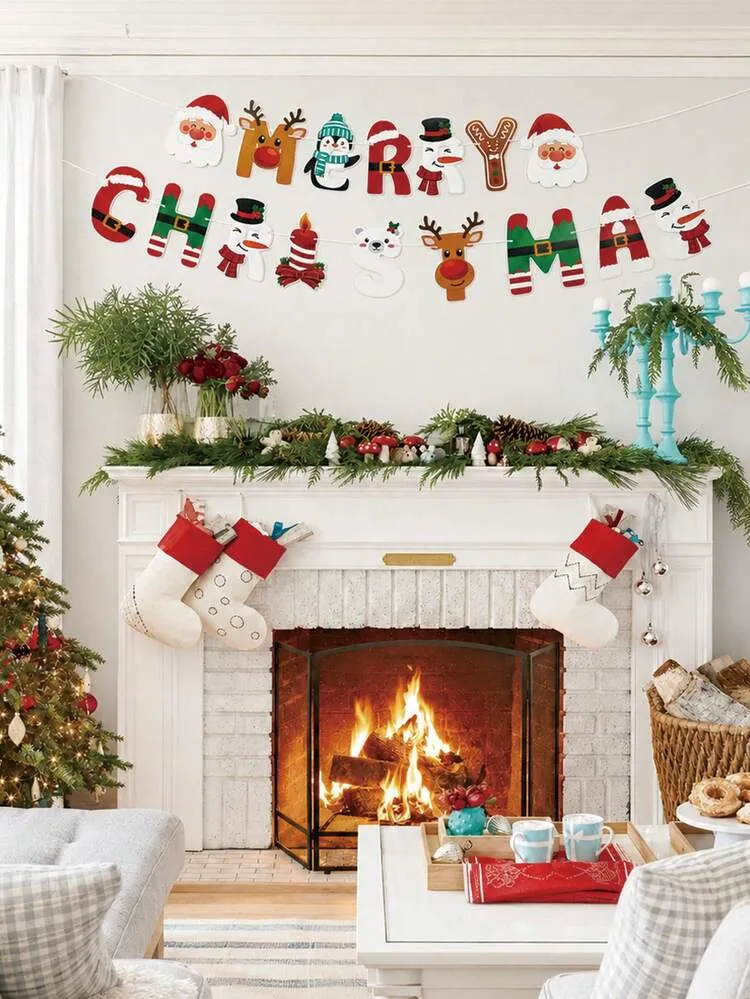 1 Set Merry Christmas Cartoon Character Paper Banner, Christmas Reindeer Penguin Snowman Gingerbread Man Cutout Garland, Christmas Background, Fireplace, Indoor, Window And Wall Party Decoration, Ch