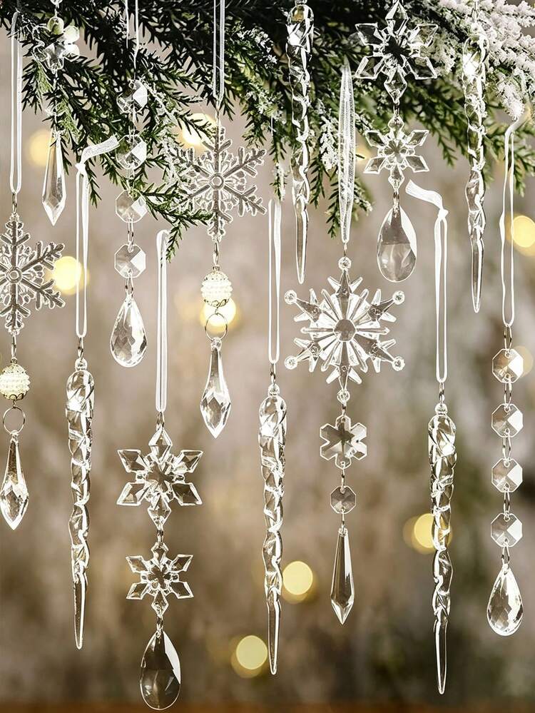10pcs Christmas Tree Hanging Decorations - Acrylic Snowflake & Icicle Pendant Ornaments, Suitable For Pendant Lights And Winter Wonderland Decor, Random Style for Sale Australia| New Collection Onli
