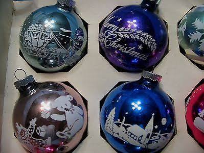 12 Vintage Shiny Brite Christmas Ornaments - Merry Christmas - Stenciled  Scenery | #484572506