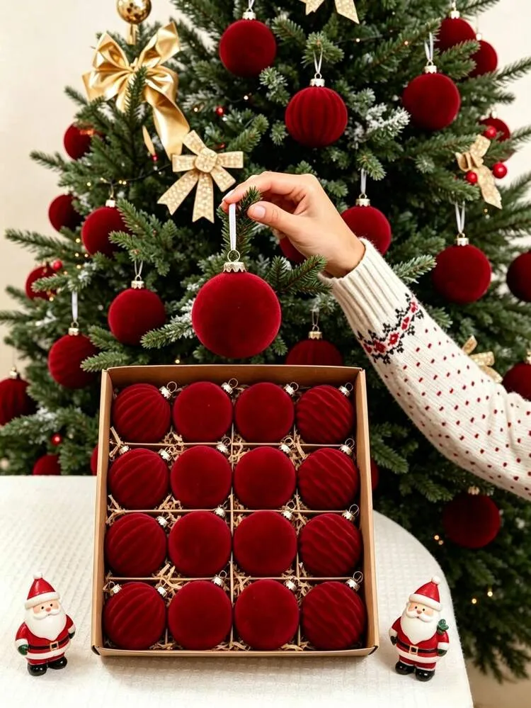 12/15pcs Velvet Christmas Tree Hanging Ornaments, Merry Christmas Decor, Burgundy Christmas Ball Decorations, Christmas Decorations, 4/6/8cm Red Christmas Balls, Christmas Hanging Ornaments, Home De