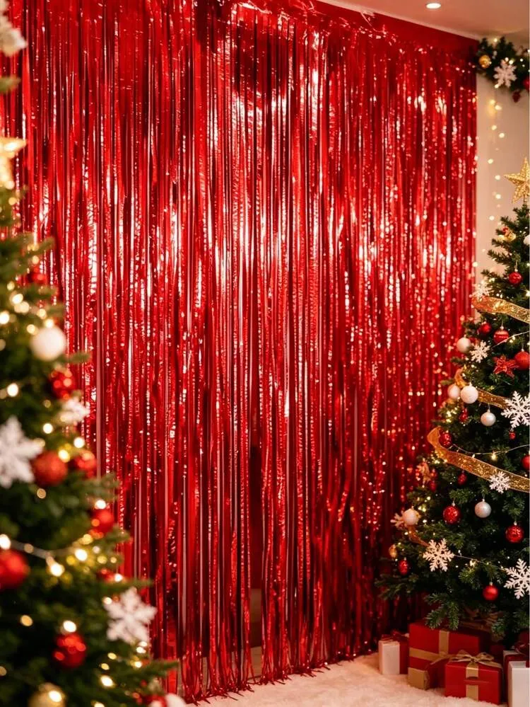 1/2/4/6pcs Christmas Red Background Curtain, Shiny Metallic Red Party Backdrop Decoration Curtain Ribbon, Christmas Decoration, Christmas Home Decor, Birthday Party Decoration, Trick Or Treat Event
