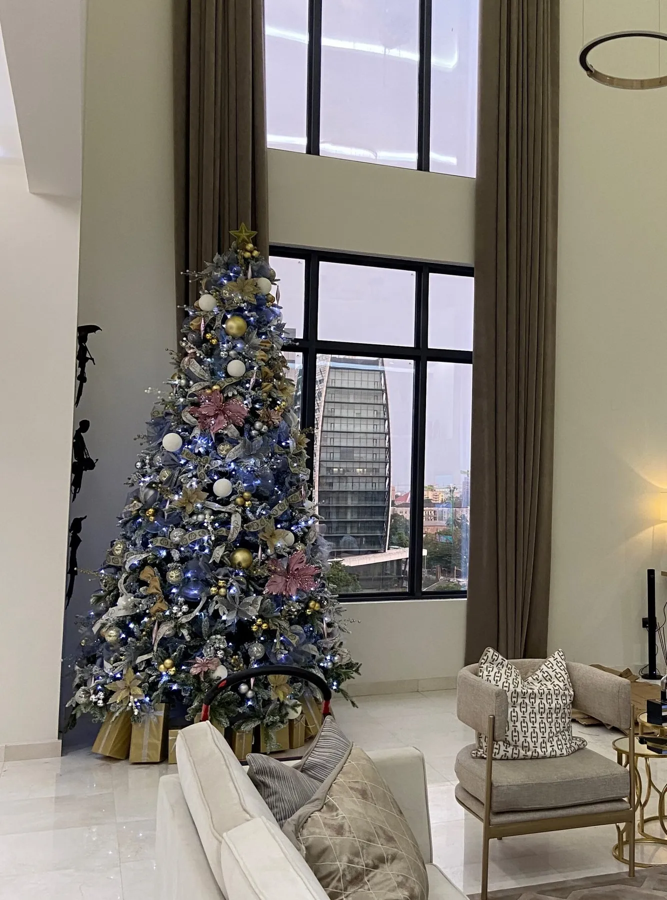 12ft Frosted Christmas tree with gold, pink, blue and white ornaments – The  Gift & Christmas Company
