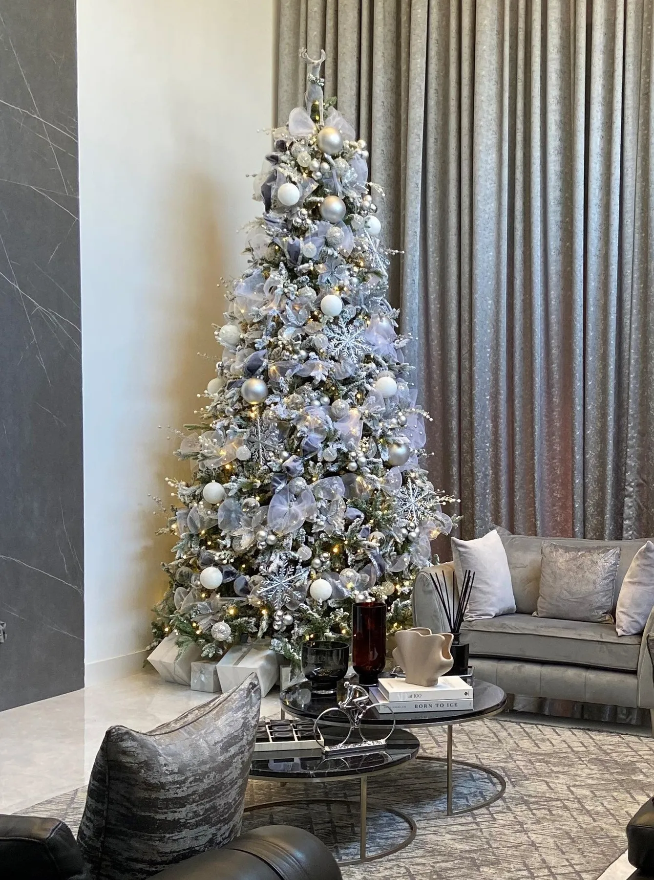 12ft Frosted Christmas tree with silver and white ornaments – The Gift &  Christmas Company