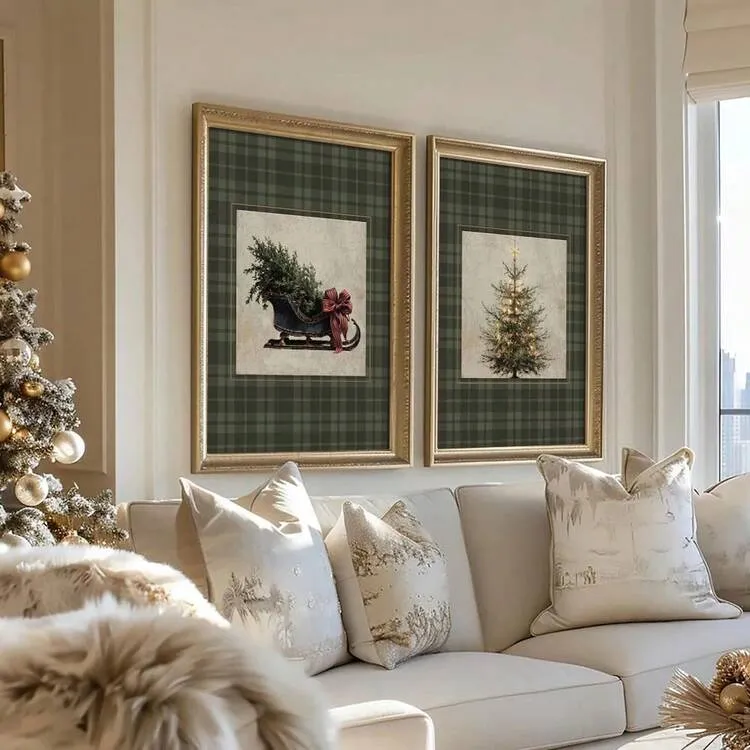 1/2pcs Set Framed/Unframed Green Plaid Sleigh Christmas Tree Cozy Canvas  Poster Winter Xmas Festival Wall Art Print Minimalist Nordic Holiday Decor  Painting For Entryway,Living Room,Bedroom,Modern H