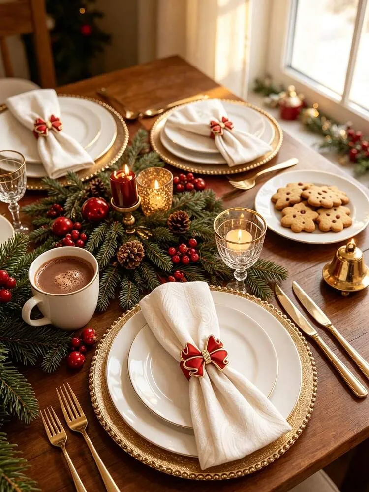 15/1pc Red Bow Christmas Napkin Rings, Gold Adjustable Napkin Ring Holders,  Suitable For Christmas Dinner, Winter Wedding, Party And Holiday Table Decor  | SHEIN IL