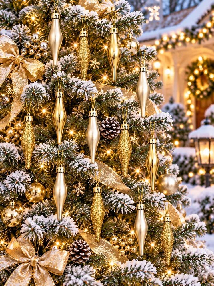 15pcs Gold Icicle Christmas Decorations, 3.54 Inch Glitter Mirror Matte Hanging Ornaments With Rope, Elegant Christmas Tree Decor, Suitable For Outdoor Garden, Yard, Porch, Patio, Christmas Party An