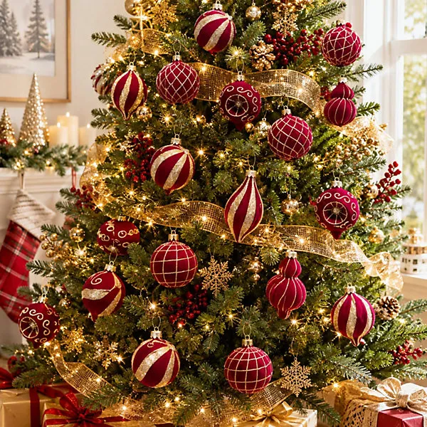 16Pack Burgundy Velvet Christmas Baubles, 3.15 Inch Golden Glitter Hanging Ornaments for Christmas Tree, Holiday Party