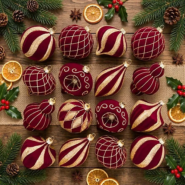 16Pack Burgundy Velvet Christmas Baubles, 3.15 Inch Golden Glitter Hanging Ornaments for Christmas Tree, Holiday Party
