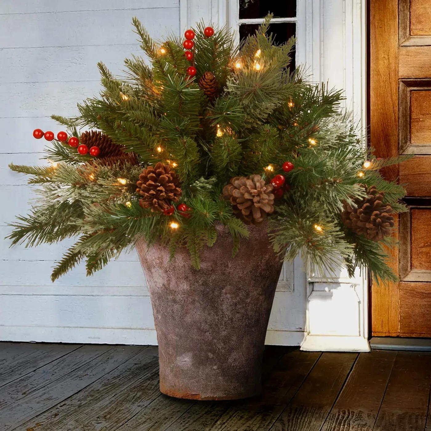 18in. Frosted Berry Urn Filler with Battery Operated Warm White LED  LightsPrelit Planter Bushes Christmas, Holiday Christmas Planter Filler  Outdoor, Lighted Artificial Xmas Pine Trees with LED, Chri