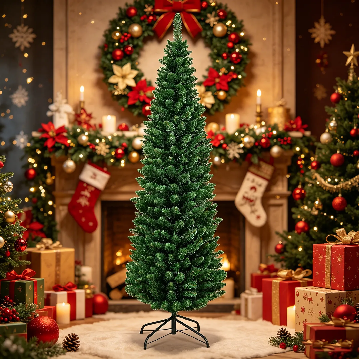 1Pc 5Ft/1.5m Green Artificial Pencil Christmas, Premium Hinged Pine Tree with Solid Metal Legs, Perfect for Home, Shops and Holiday Decoration (Artificial Pencil Christmas Tree) | Christmas | Joybuy