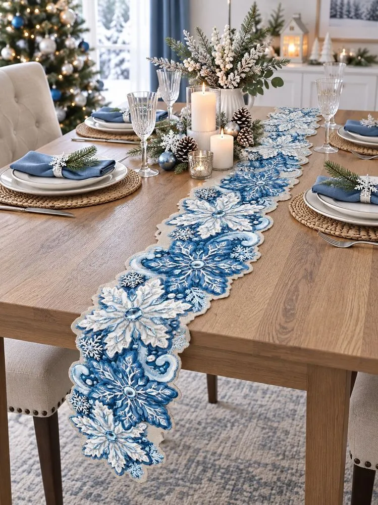 1pc Blue Snowflake Christmas Table Runner, Ice Blue & White Snowflake  Asymmetrical Edge Winter Dining Room Decor, Elegant Holiday Kitchen  Essential Tablecloth, Christmas Dinner, Winter Room Decorati