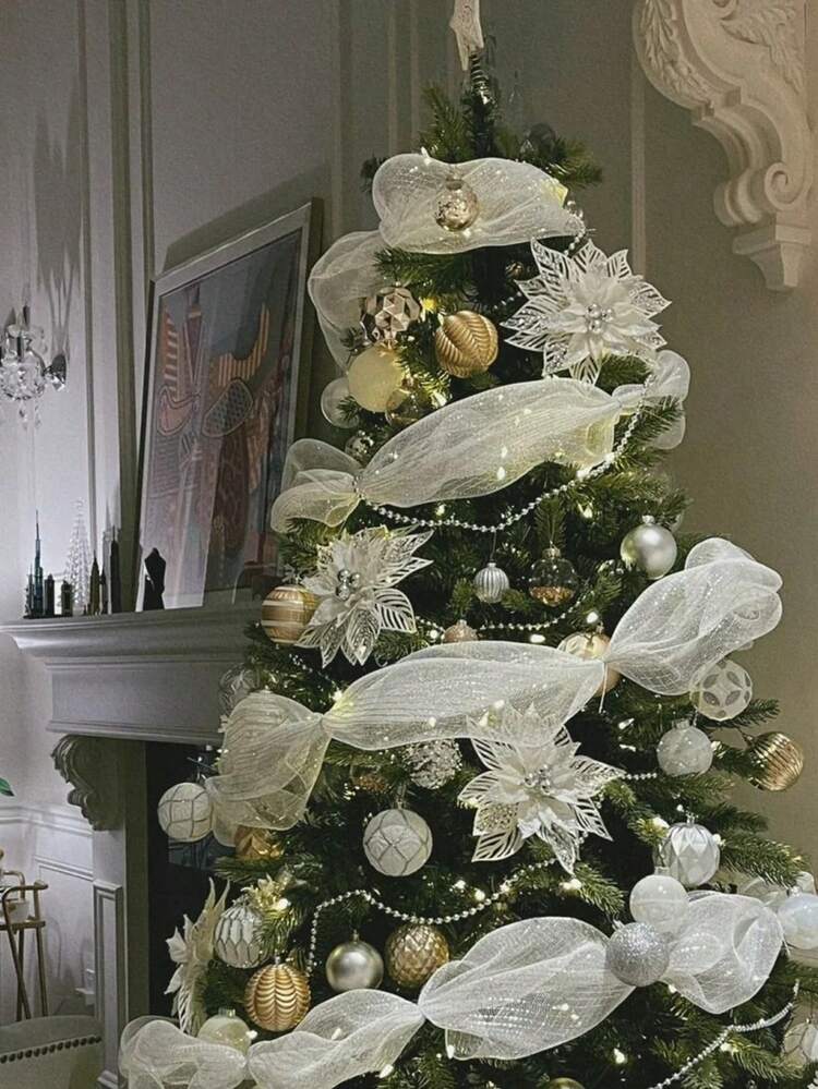 1pc Christmas Decorative Ribbon, PP Mesh Tulle Fabric Ribbon, Pre‑Tied Bow Hanging Ornament, Ideal For Xmas Tree, Mantel, Window Display, Christmas & New Year Holiday Home Scene Decoration - Product