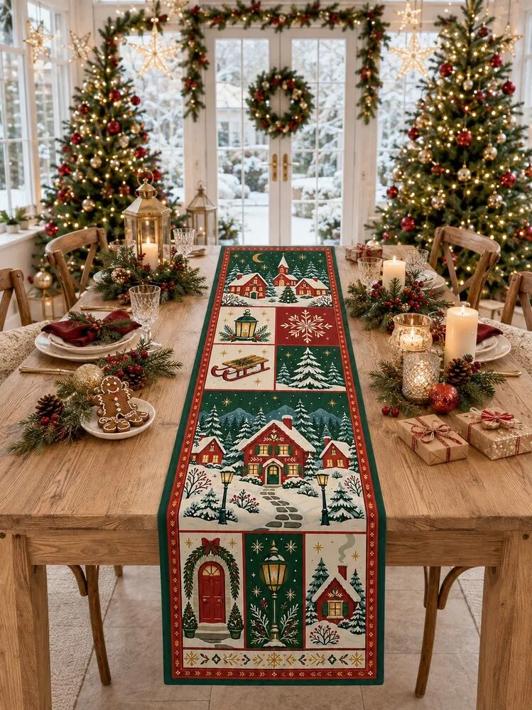 1pc Christmas Table Runner, Christmas Village Snowy House Christmas Tree Snowflake Winter Printed Linen-Look Table Runner, Vintage Xmas Holiday Table ...
