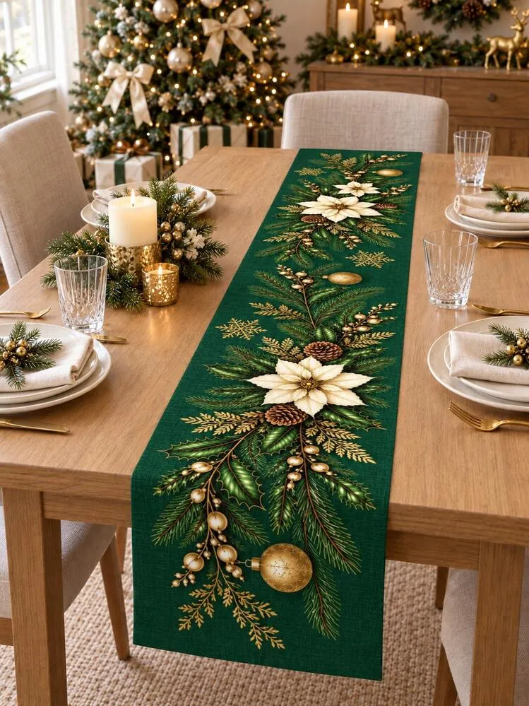 1pc Christmas Table Runner, Green & Gold Color Scheme With Red Poinsettia,  Pine Branch, Pine Cone, Snowflake Pattern, Elegant Christmas Holiday Dining  Room Decor, Winter Farmhouse Style Home Decorat