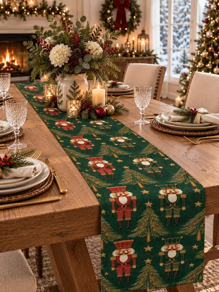 1pc Christmas Table Runner, Nutcracker, Christmas Tree, Star, Pine Branch Print, Vintage Country Christmas Table Decor, Suitable For Holiday Dinner Party Table | SHEIN UK
