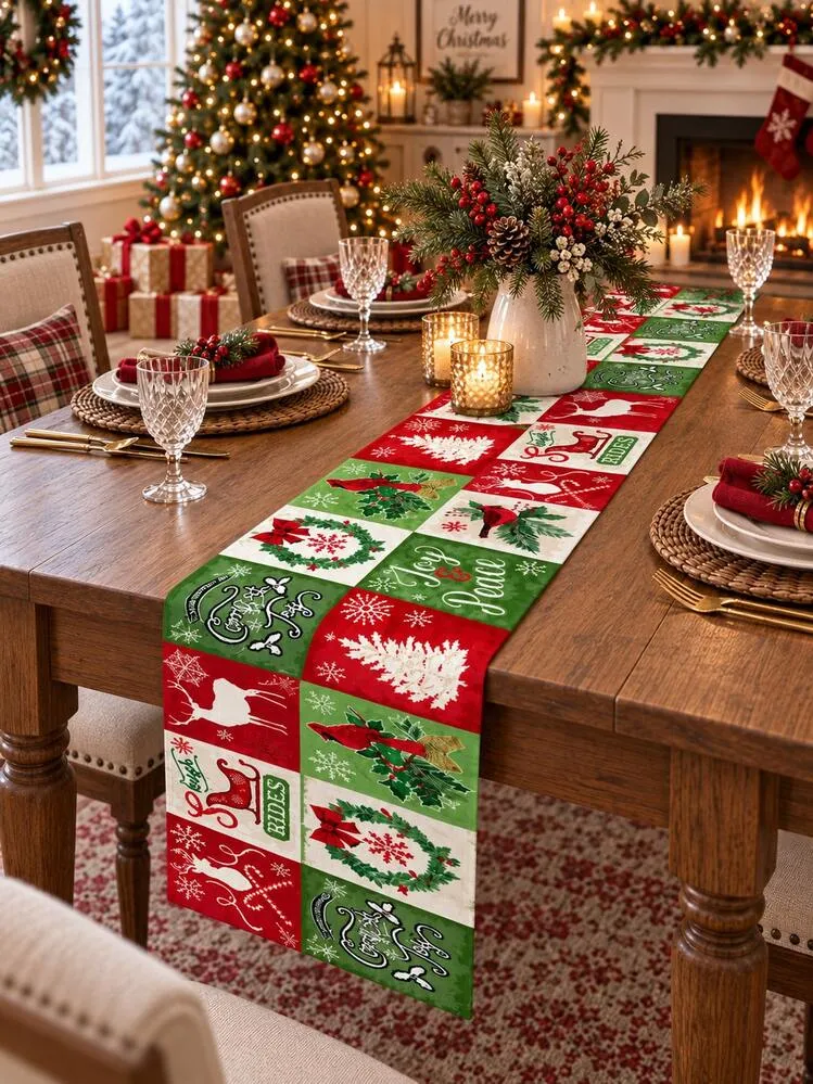 1pc-Christmas Table Runner, Patchwork Table Runner With Cardinal Bird,  Reindeer, Wreath & Sleigh, Red Green Winter Holiday Table Decor, Farmhouse  Xmas Table Runner For Dining Table, Buffet, Entryway